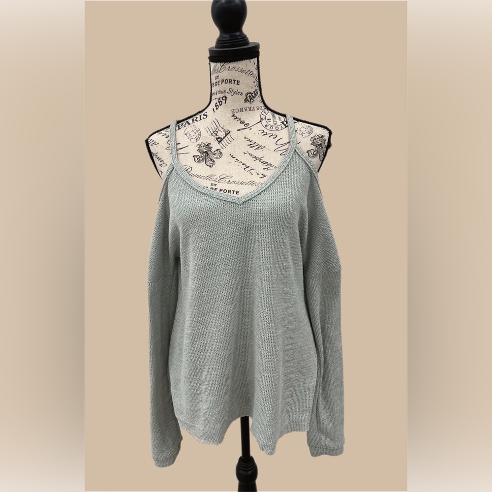 Knitted off shoulder sweater shirt, grey green size small